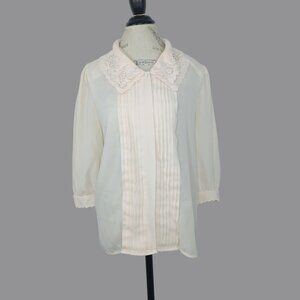 Vintage 80s Josephine Top Large Cream Pin Tuck Blouse